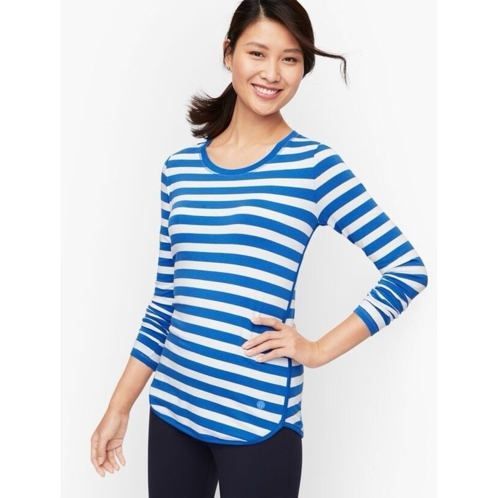 Talbots FRESH JERSEY TEE Women's Blue White Striped stretch Top Shirt Size M